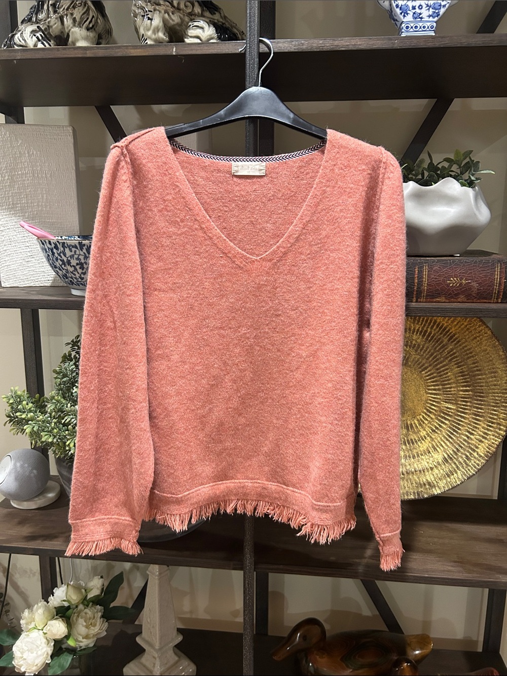 Soft V-Neck Fringe Hem Sweater - Pink